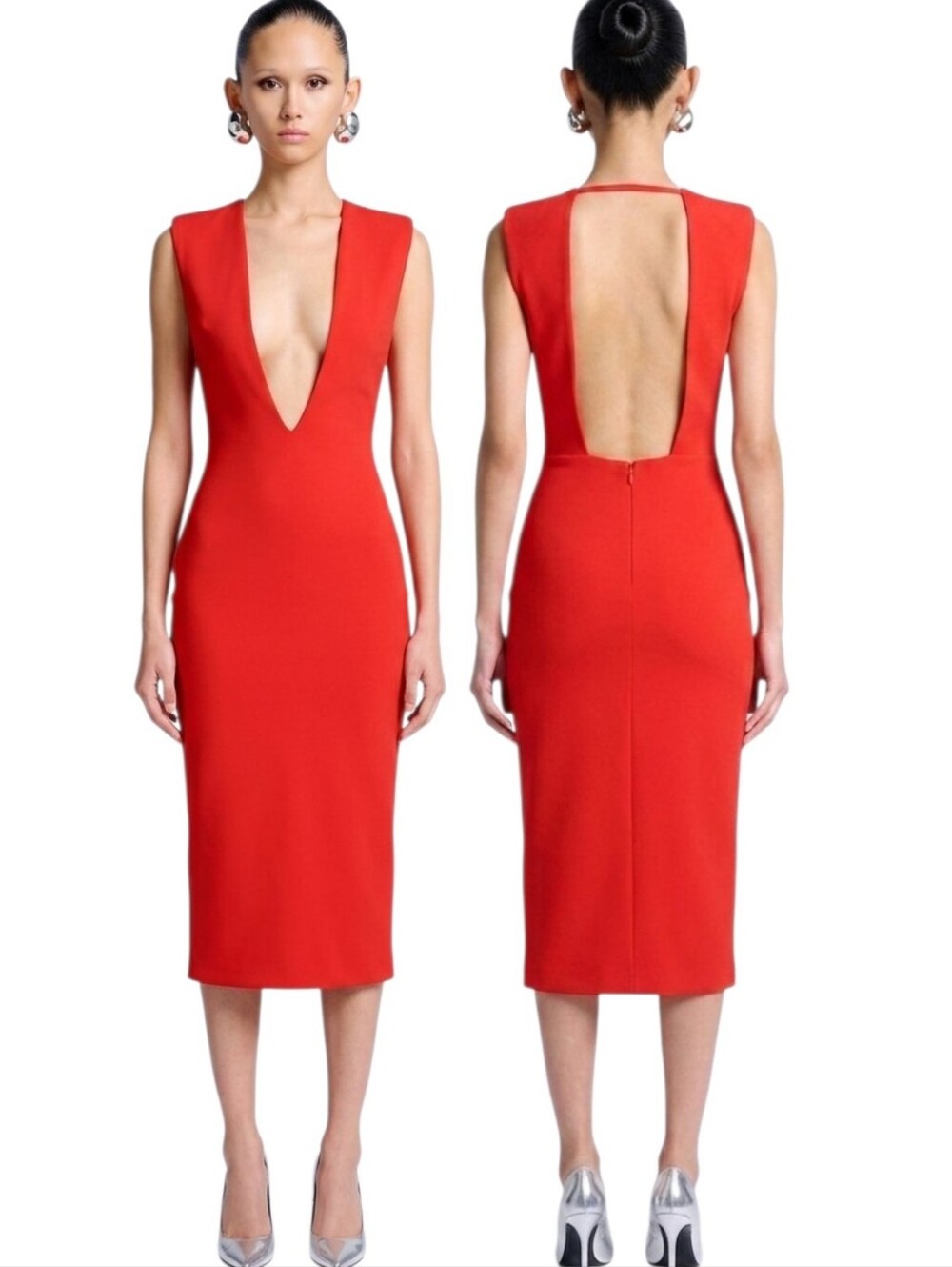 SOLACE LONDON Grace Plunging V-neck Midi Pencil Dress - Size 2